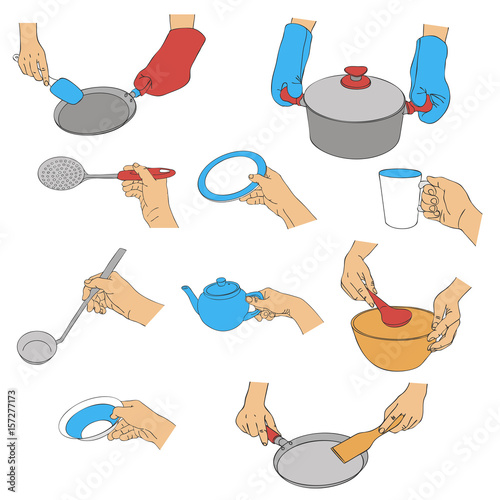 vector hands with kitchen utensils