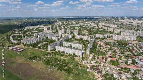 Aerial shot of Kherson with splendid cityscape and cloudscape in summer