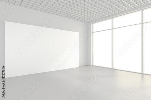 interior blank billboards standing on floor in white room. 3d rendering.