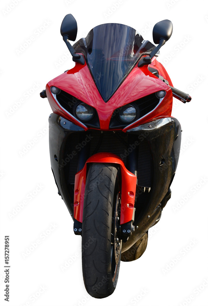 Red-black sports motorcycle isolated on white background. front view