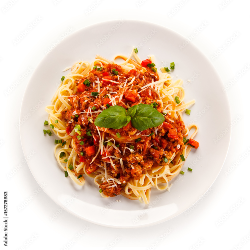 Pasta with bolognese sauce on white background Pasta with bolognese sauce on white background