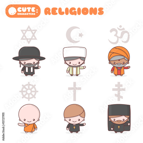 Cute chibi kawaii characters set: People of different religions. Judaism Rabbi. Buddhism Monk. Hinduism Brahman. Catholicism Priest. Christianity Holy father. Islam Muslim. Religion vector symbols.