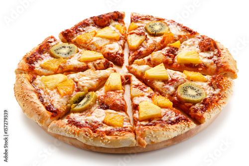 Pineapple and kiwi pizza on white background