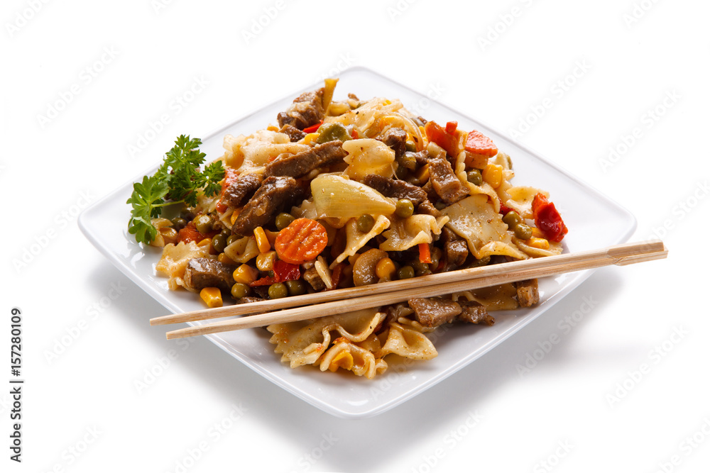 Pasta with meat asian style on white background Pasta with meat asian style on white background