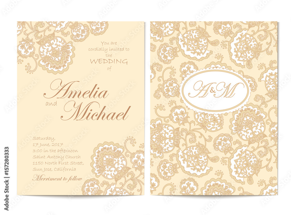 Elegant wedding invitation card template in beige colors. Flyer decorated  with ornamental flower. Greeting card with floral pattern. Vertical  Background. Vector illustrator. Stock vector. vector de Stock | Adobe Stock