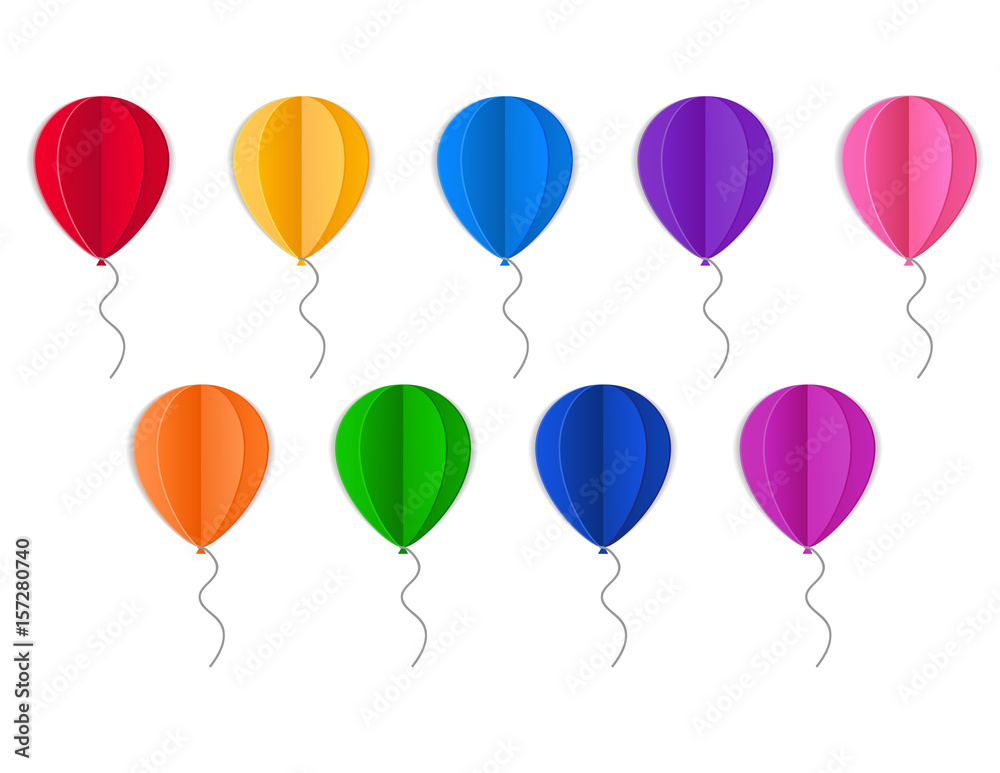 illustration with paper colored balloons on white background