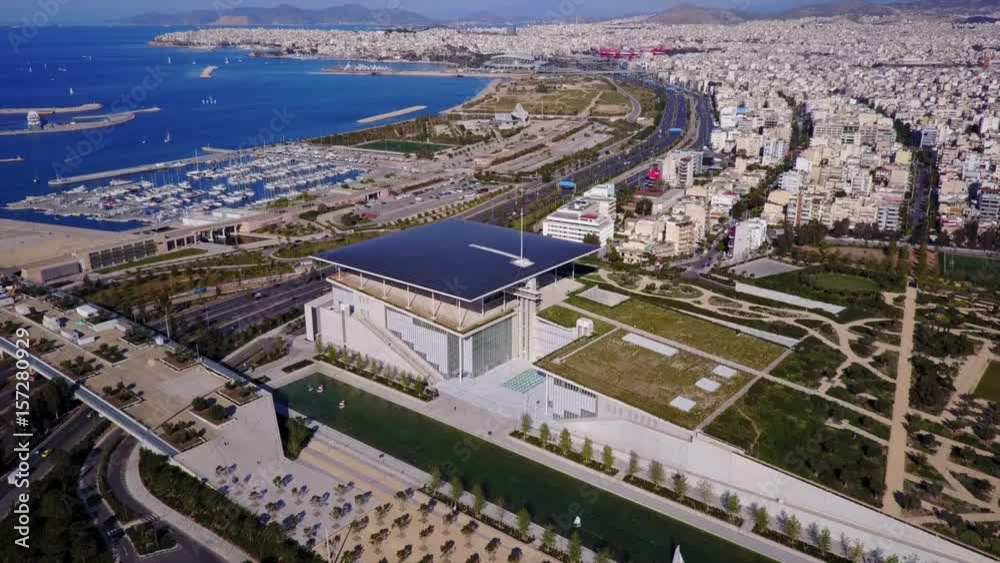 Aerial drone video of Stavros Niarchos cultural center in Athens, Faliron, Attica, Greece Aerial drone video of Stavros Niarchos cultural center in Athens, Faliron, Attica, Greece