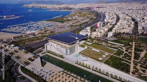 Aerial drone video of Stavros Niarchos cultural center in Athens, Faliron, Attica, Greece photo