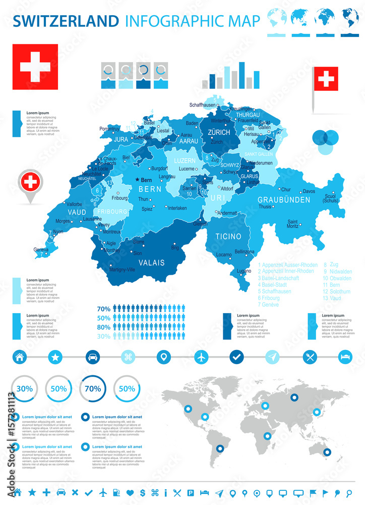 Switzerland - map and flag - infographic illustration Switzerland - map and flag - infographic illustration