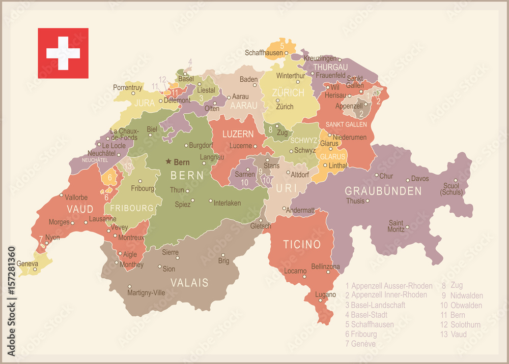 Switzerland - vintage map and flag - illustration