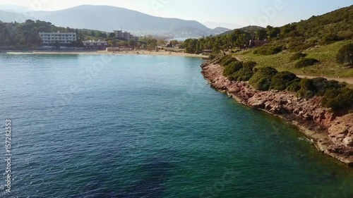 Aerial drone video of beaches and landscape of Porto Rafti, Avlaki, Mesogeia, Attica, Greece photo