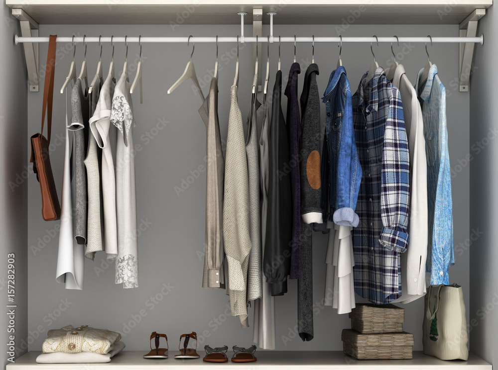 Wardrobe built-in wall with clothes 3d render