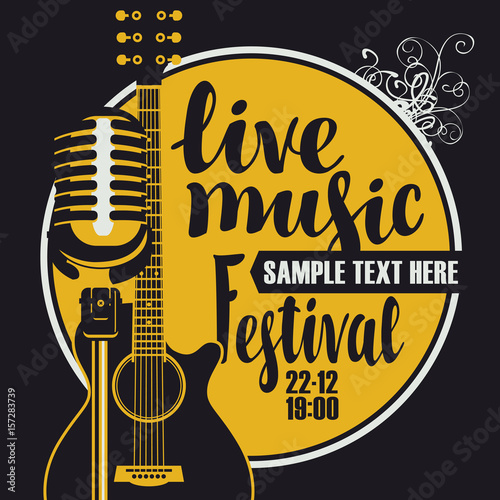 Vector poster for a live music festival with a microphone, acoustic guitar and inscription in retro style. Template for flyers, banners, invitations, brochures and covers.