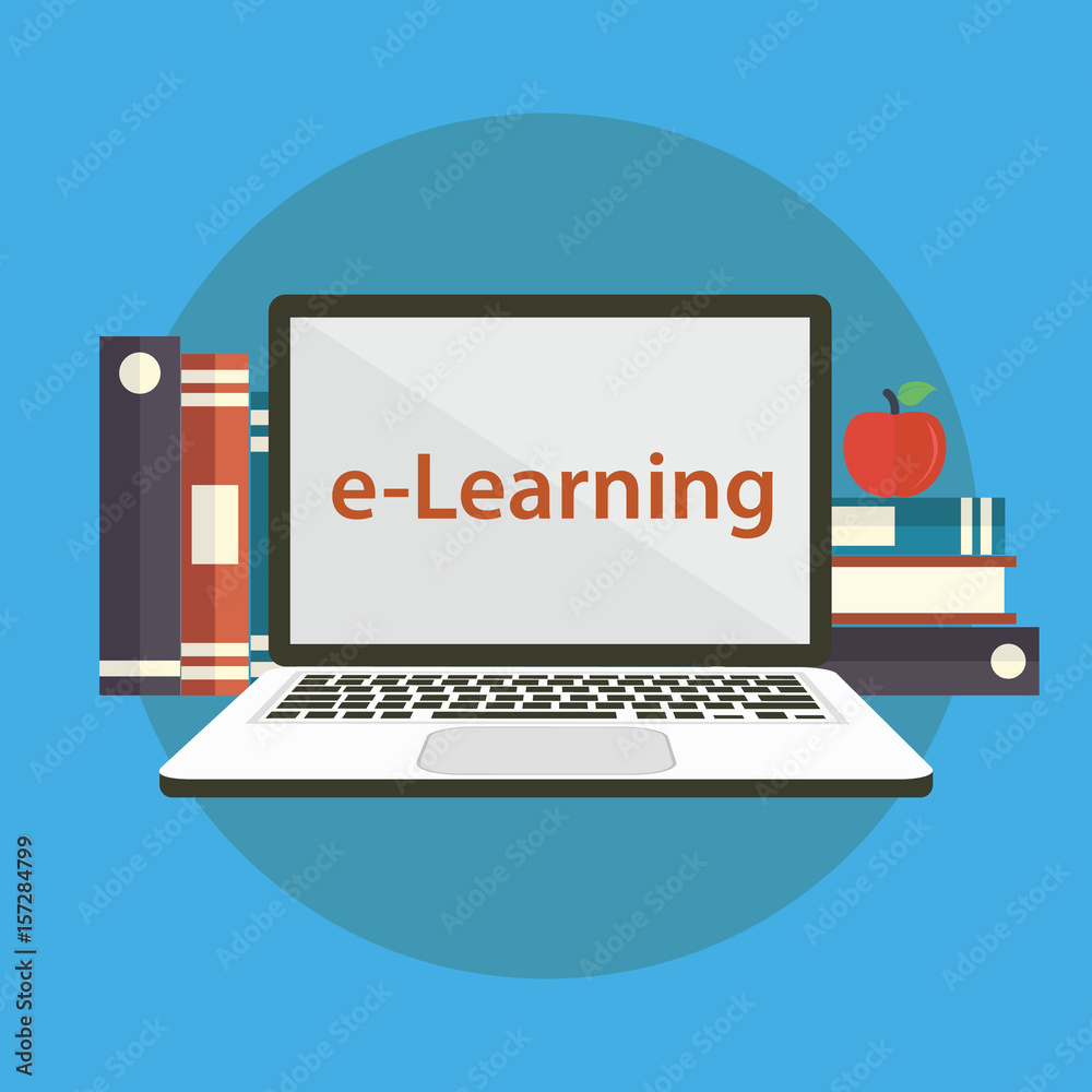 Modern design concept of the learning for website or banner of e-learning, training, business courses, online education, seminar, webinar with books, apple and laptop. eps 10 Modern design concept of the learning for website or banner of e-learning, training, business courses, online education, seminar, webinar with books, apple and laptop. eps 10