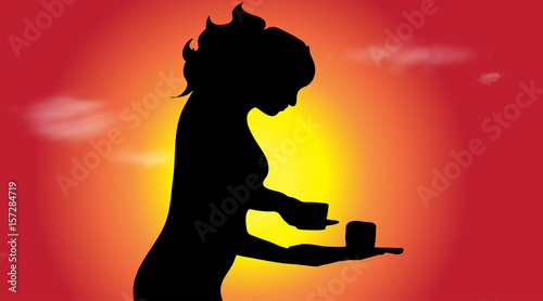 Vector silhouette of waitress at sunset.
