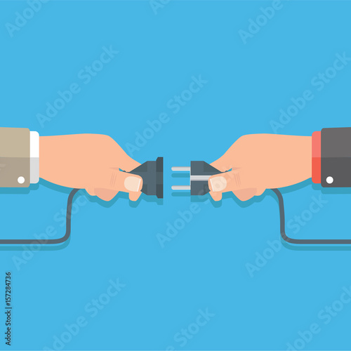 Businessmen connecting hold plug and outlet in hand, Cooperation, Partnership concept. Vector illustration in flat design.