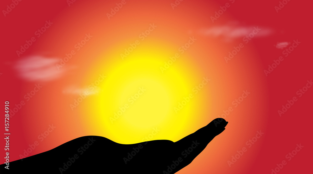 Vector silhouette of hand at sunset.