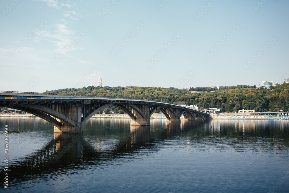 Long bridge crosses the river in Kyiv Long bridge crosses the river in Kyiv