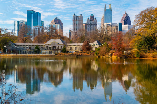 View of Lake Clara Meer, Piedmont Park Aquatic Center and Midtown Atlanta in sunny autumn day, USA. © dr_verner