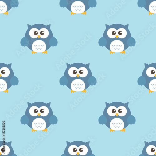 Fototapeta Naklejka Na Ścianę i Meble -  Owls cartoon character Seamless pattern. Cute owls standing on blue background. Flat design Vector illustration.