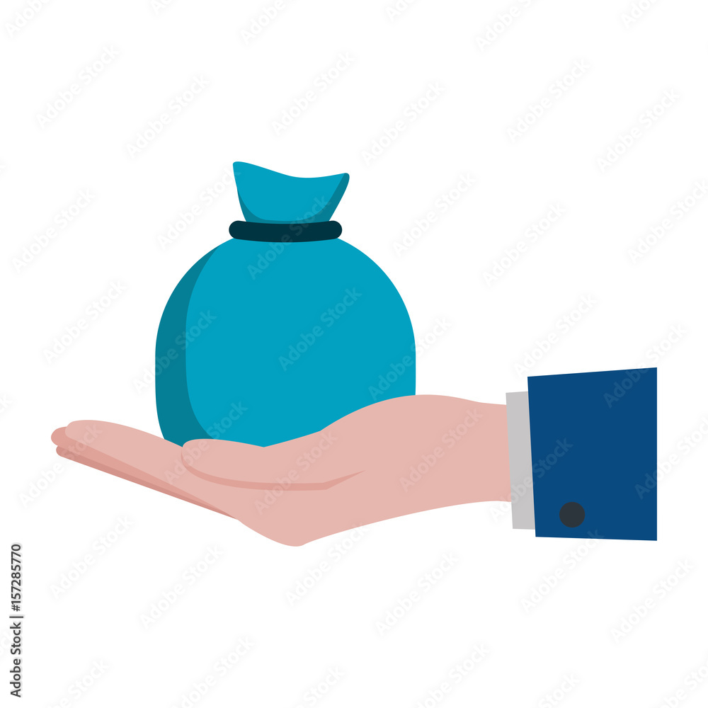 hand holding a money sack icon over white background. vector illustration