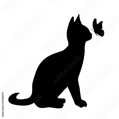 Vector silhouette of cat with butterfly on white background.