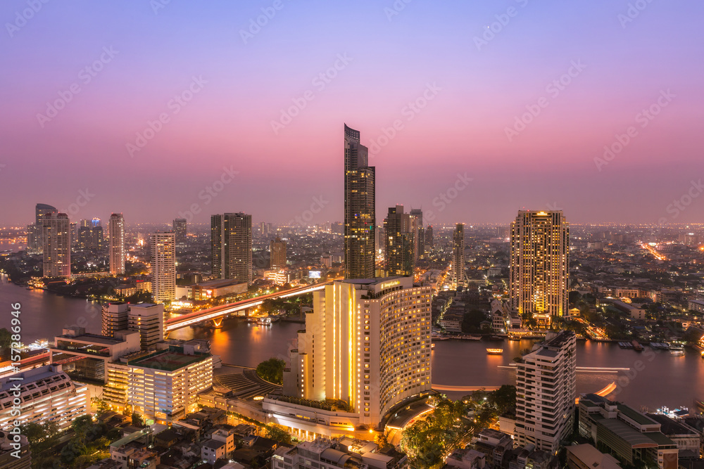 Aerial view cityscape and Chaophraya river in Bangkok, Thailand.