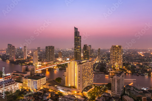 Aerial view cityscape and Chaophraya river in Bangkok, Thailand.