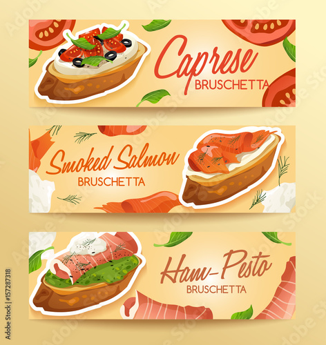 Set of Bruschetta : Delicious Italian appetizer : Vector Illustration