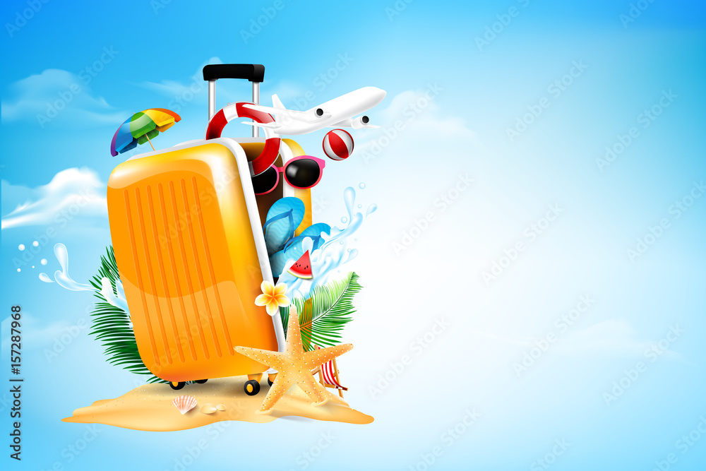 Naklejka premium Samolot otwarty walizka podróżna z elementem rozgwiazdy kwiat liść palmowy piasek plaża na tle błękitnego nieba i chmury dla ilustracji wektorowych koncepcji letniej wycieczki