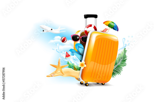 Air plane open luggage travel case with Starfish flower palm leaf sand beach element on the white background for summer tour concept vector illustration