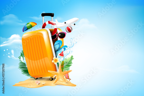 Air plane open luggage travel case with Starfish flower palm leaf sand beach element on blue sky and cloud background for summer tour concept vector illustration