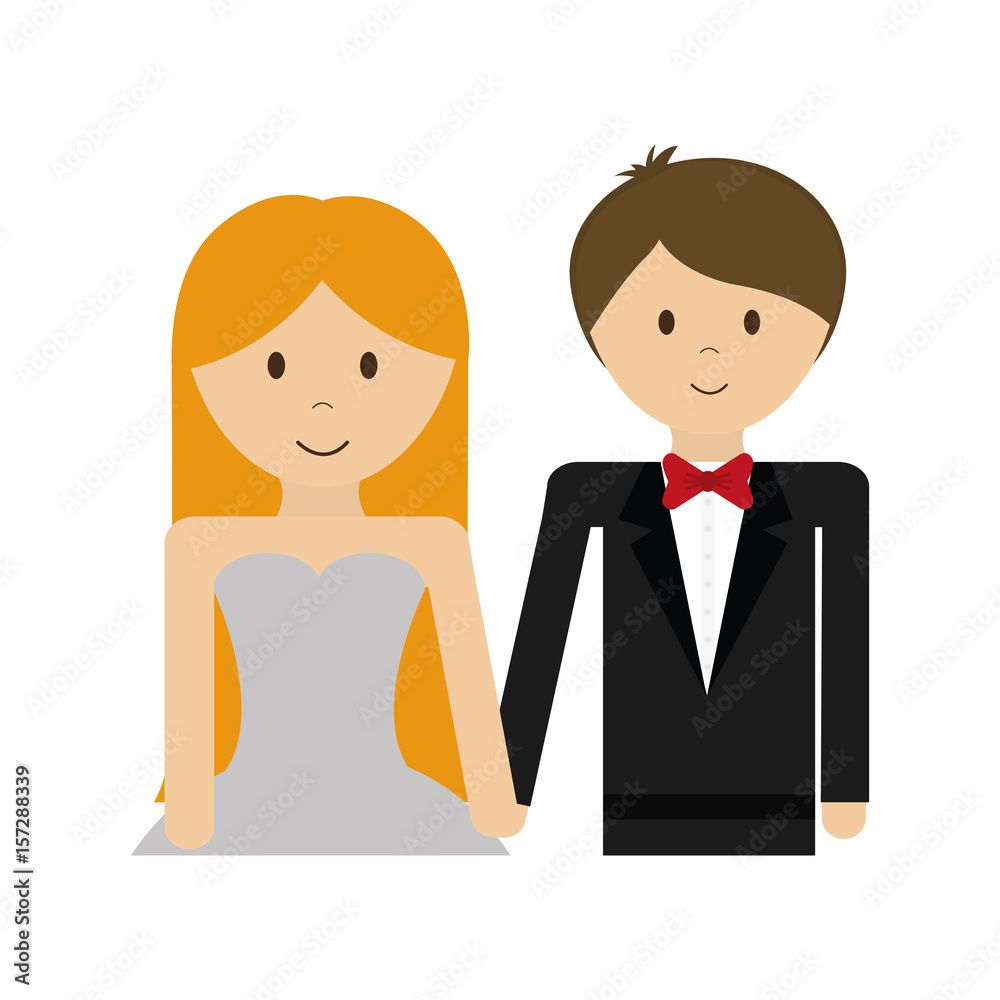 happy wedding couple, cartoon icon over white background. colorful design. vector illustration
