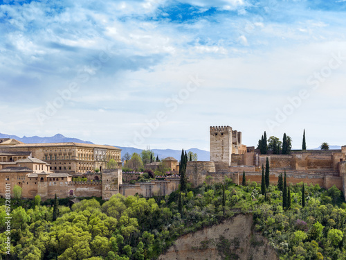 View of the Alhambra Palace from the hill of city in Granada, Spain
