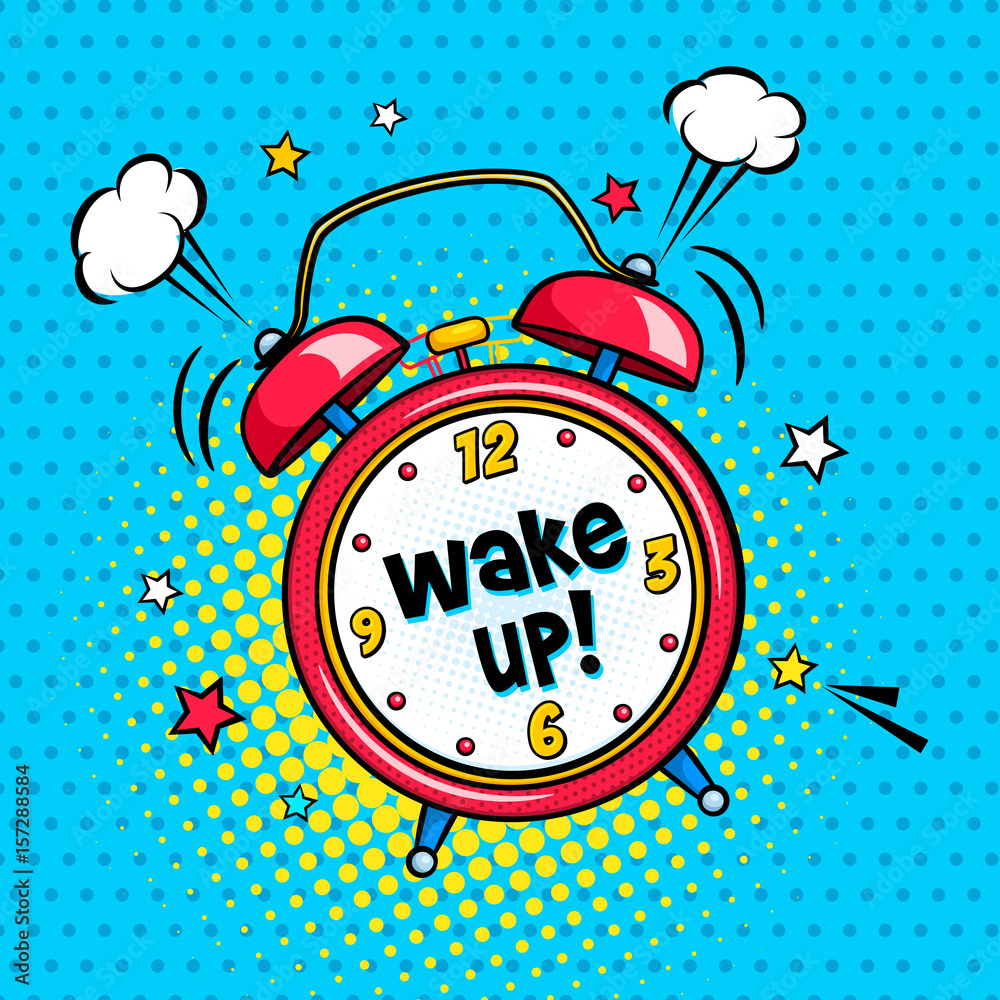 Background with red comic alarm clock ringing and expression wake up text on the dial. Vector bright dynamic cartoon illustration in retro pop art style on halftone background. - obrazy, fototapety, plakaty 