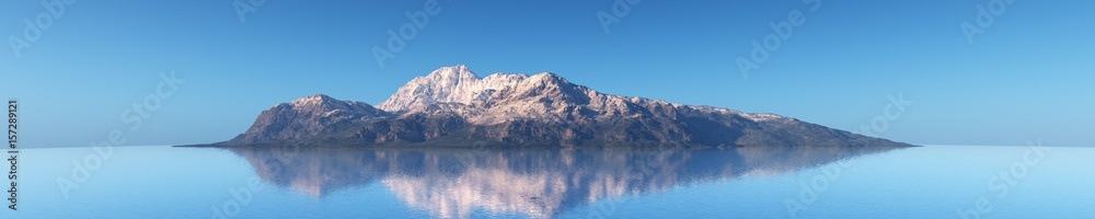Panorama of the sea landscape, island in the ocean, mountain in the sea, the sea mountainous area, 3D rendering