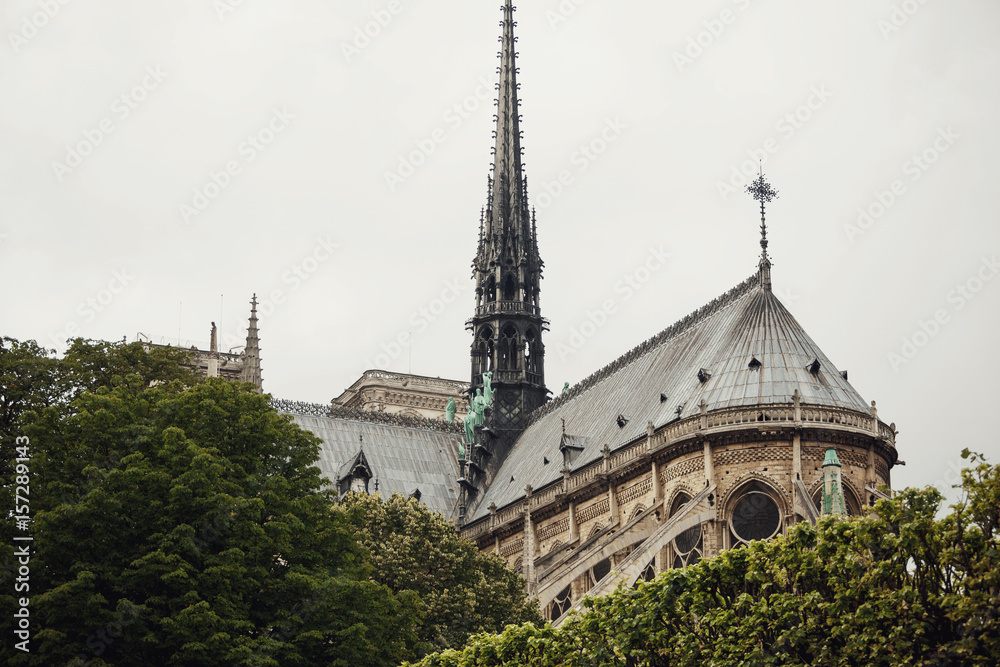 Tall roof of Gothic building of Notre Dame Cathedral