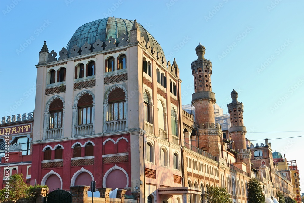 Fototapeta premium Art nouveau building on the island Lido di Venezia, on Street Lungomare Guglielmo Marconi, next to the beach. Near Venice, Italy, Europe.