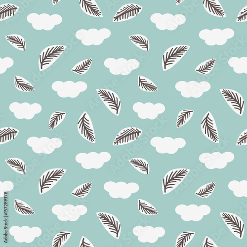Seamless pattern with feathers and clouds. Vector illustration.