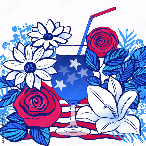 Ink hand drawn vector card July 4th Independence day party/Cocktail drink on American flag background among Summer flowers Roses, Lilies and Chamomiles