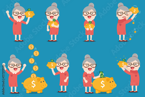 Foto grandma with golden piggy bank, Pension