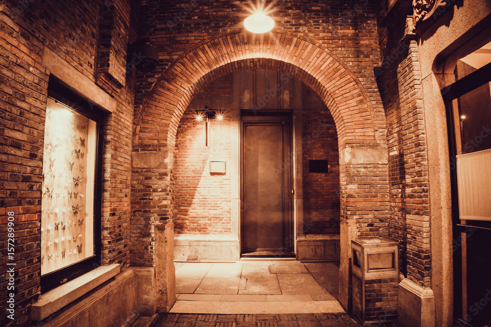 the night shot of red brick arch door, apply gain noise filter