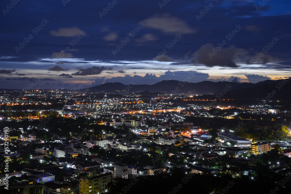viewpoint on hill see to phuket town in twilight