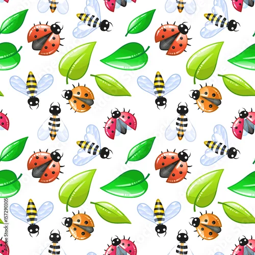 Fototapeta biedronka i pszczoła - kreskówka bezszwowe tło