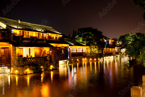 Night shot of chinese village house beside the lake at Wuzhen, China