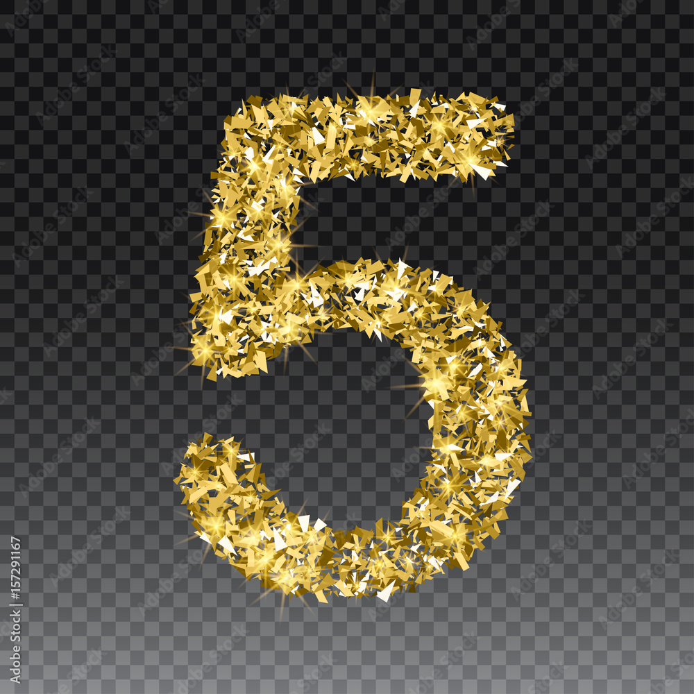 Gold glittering number five.Vector shining golden font figure lettering of sparkles on checkered background.