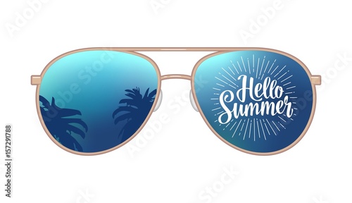 Aviator modern sunglasses with palms reflection and Hello Summer hand drawn lettering with rays. Vector color flat illustration isolated on white background. For oster and banner