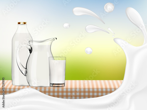 Illistration of milk in transparent glass, bottle and jug standing on checkered napkin with big splash high quality realistic vector