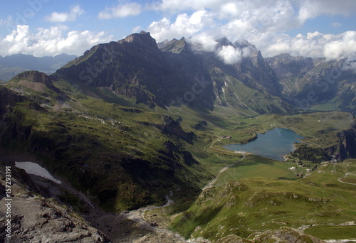 Scenic view of the Uri Alps mountain range with mount Titlis and the Truebsee lake  Switzerland