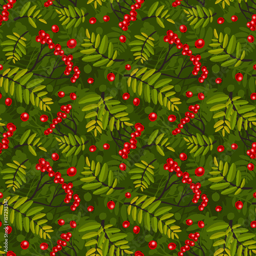 Seamless background with rowanberry and leafs